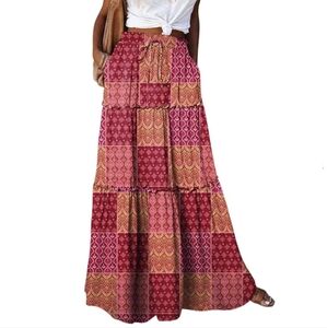 Maxi Skirt 70s Style Long Pocket Skirts - Long Floral Boho Patchwork Print Skirt